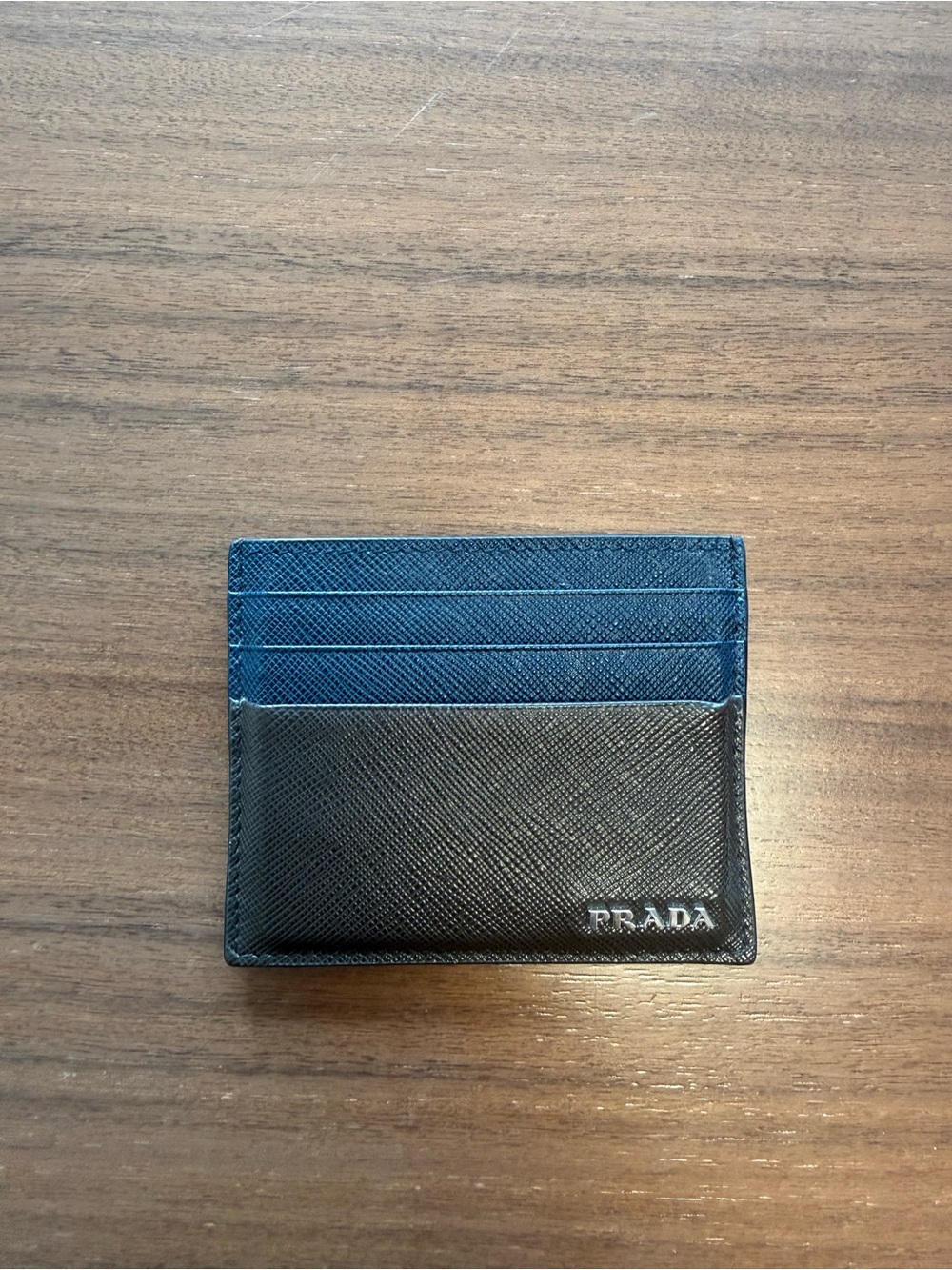 Prada Two-Tone Saffiano Leather Card Holder — Black & Blue